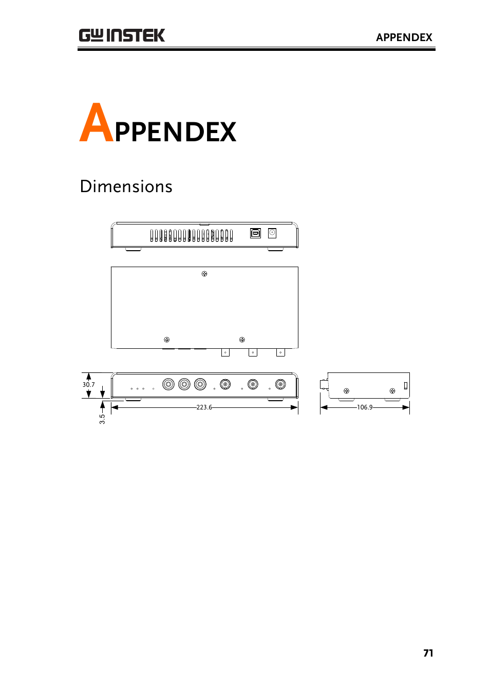 Appendex, Dimensions, Ppendex | GW Instek AFG-100/200 Series User Manual User Manual | Page 71 / 82