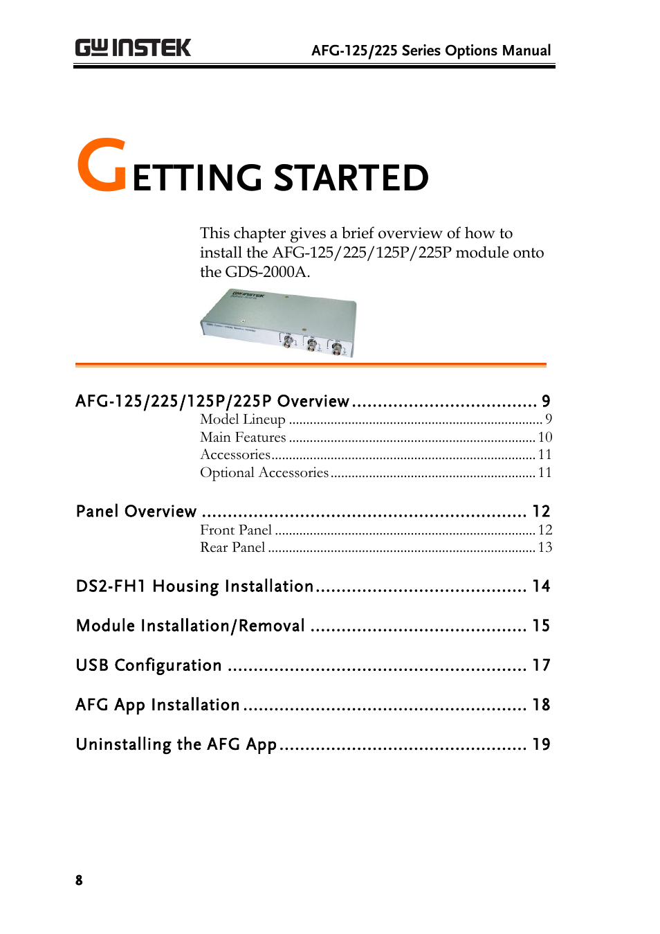 Getting started, Etting started | GW Instek AFG-100/200 Series User Manual User Manual | Page 8 / 82