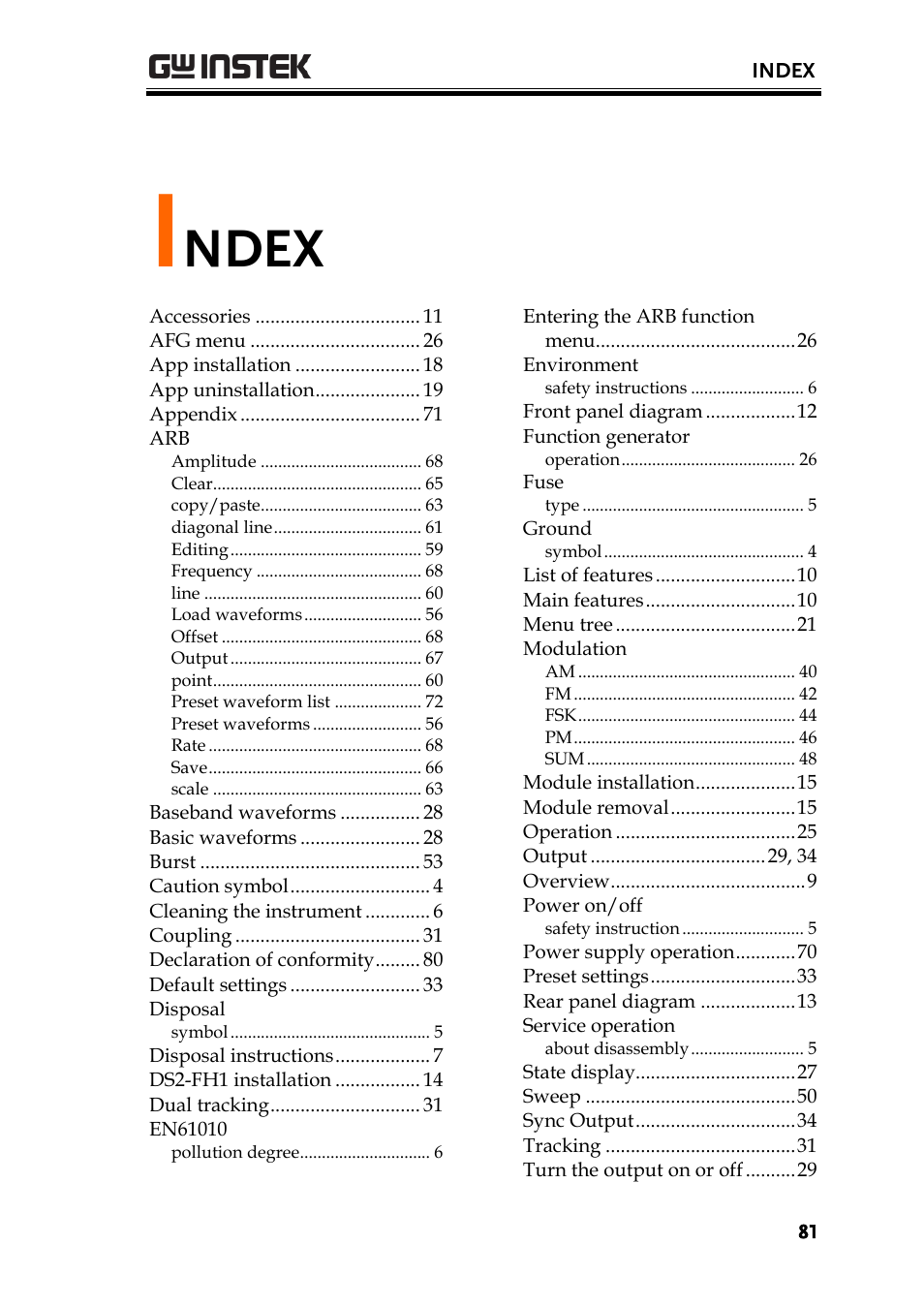 Index, Ndex | GW Instek AFG-100/200 Series User Manual User Manual | Page 81 / 82
