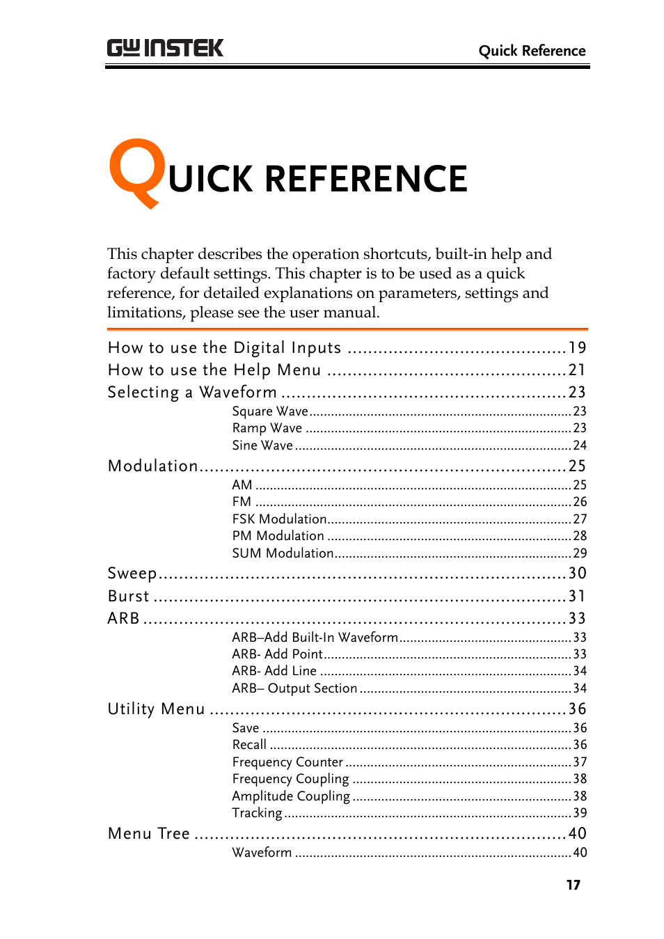 Quick reference, Uick reference | GW Instek AFG-2225 Quick Start Guide User Manual | Page 19 / 56