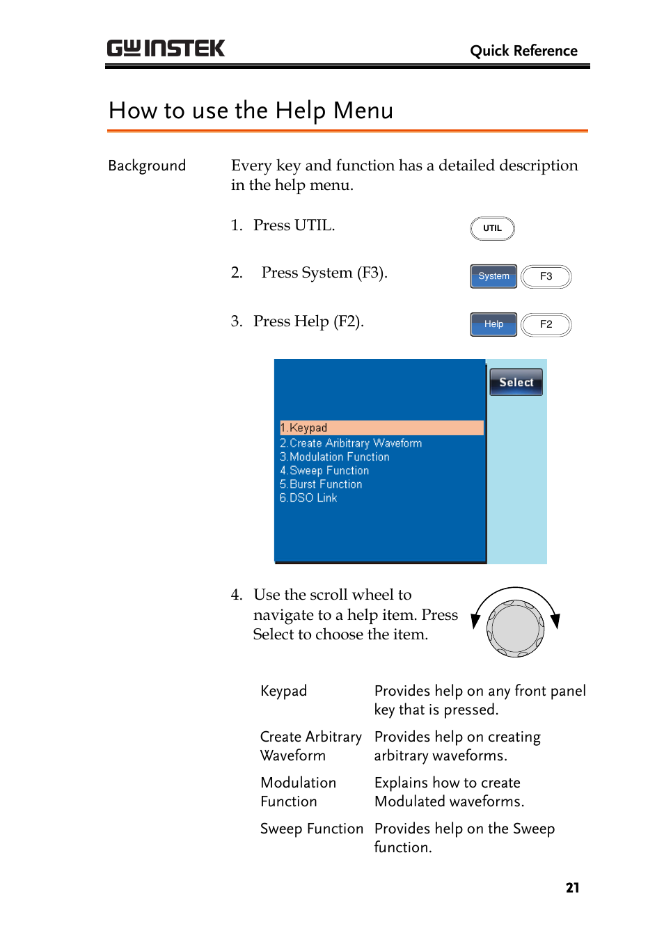 How to use the help menu | GW Instek AFG-2225 Quick Start Guide User Manual | Page 23 / 56