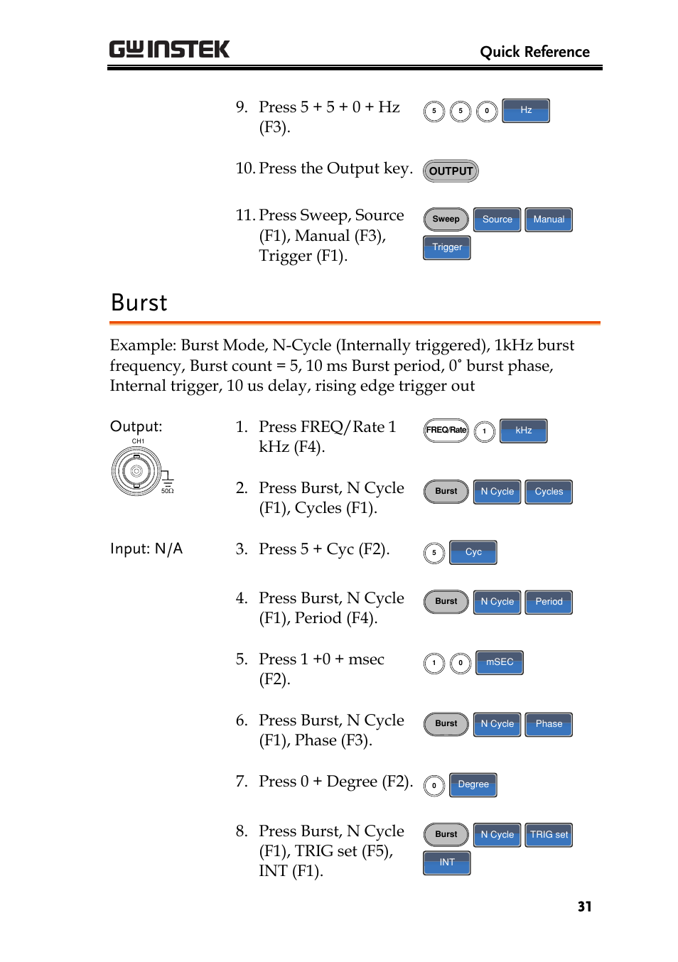 Burst, Quick reference, Press 5 + 5 + 0 + hz (f3) | Press the output key, Press freq/rate 1 khz (f4), Press burst, n cycle (f1), cycles (f1), Input: n/a 3. press 5 + cyc (f2), Press burst, n cycle (f1), period (f4), Press 1 +0 + msec (f2), Press burst, n cycle (f1), phase (f3) | GW Instek AFG-2225 Quick Start Guide User Manual | Page 33 / 56