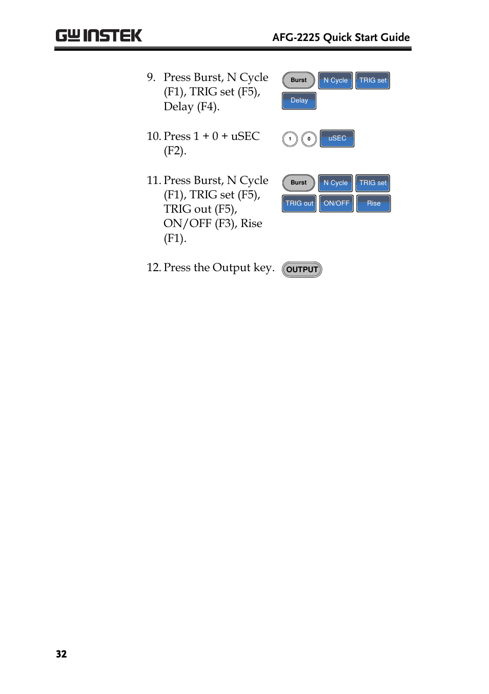 Afg-2225 quick start guide, Press 1 + 0 + usec (f2), Press the output key | GW Instek AFG-2225 Quick Start Guide User Manual | Page 34 / 56