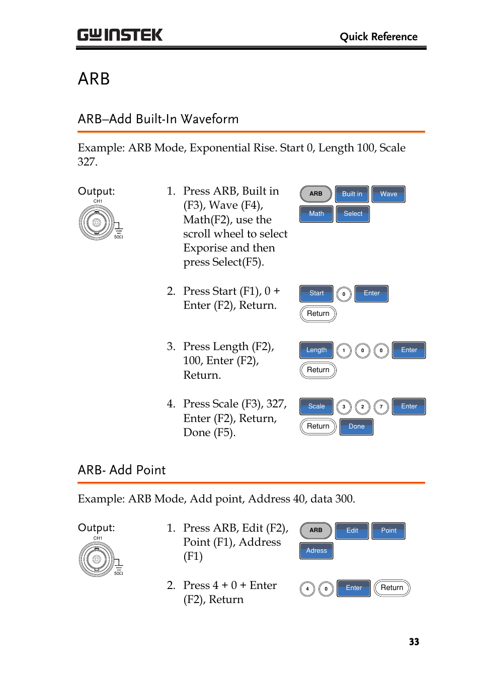 Arb–add built-in waveform, Arb- add point, Quick reference | Press start (f1), 0 + enter (f2), return, Press arb, edit (f2), point (f1), address (f1), Press 4 + 0 + enter (f2), return | GW Instek AFG-2225 Quick Start Guide User Manual | Page 35 / 56