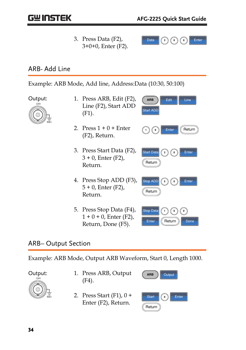 Arb- add line, Arb– output section, Afg-2225 quick start guide | Press arb, edit (f2), line (f2), start add (f1), Press 1 + 0 + enter (f2), return, Press start data (f2), 3 + 0, enter (f2), return, Press stop add (f3), 5 + 0, enter (f2), return, Press arb, output (f4), Press start (f1), 0 + enter (f2), return | GW Instek AFG-2225 Quick Start Guide User Manual | Page 36 / 56