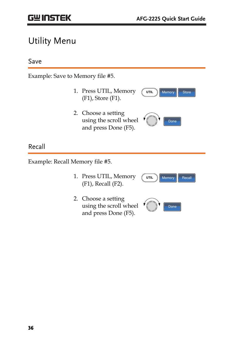 Utility menu, Save, Recall | GW Instek AFG-2225 Quick Start Guide User Manual | Page 38 / 56