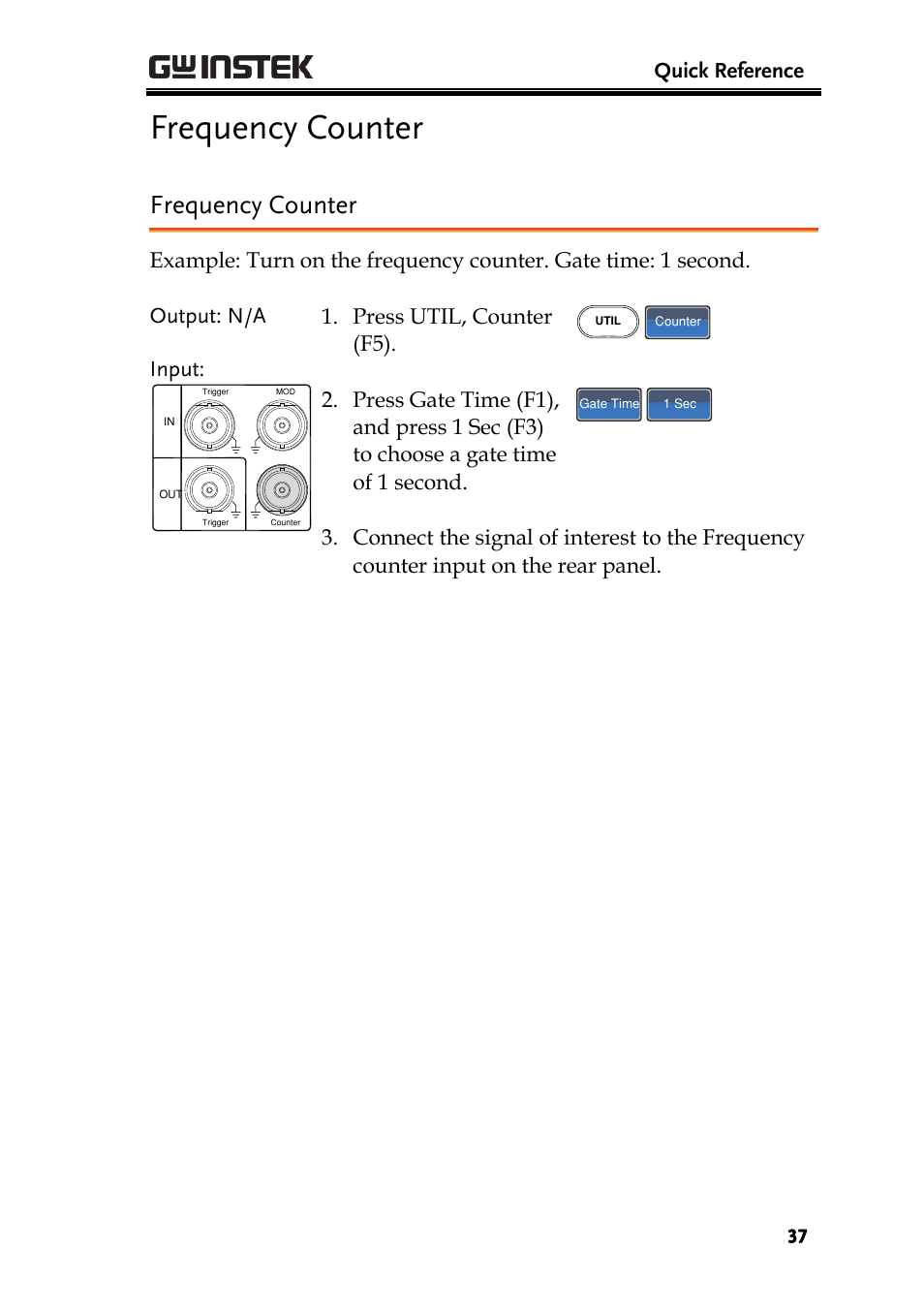 Frequency counter, Quick reference, Press util, counter (f5) | GW Instek AFG-2225 Quick Start Guide User Manual | Page 39 / 56