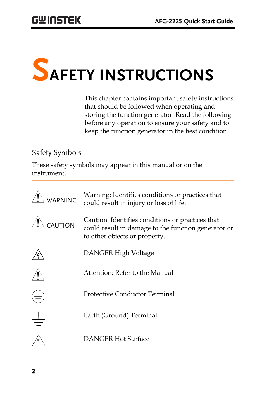 Safety instructions, Safety symbols, Afety instructions | GW Instek AFG-2225 Quick Start Guide User Manual | Page 4 / 56