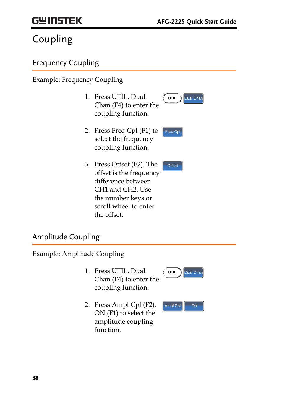 Coupling, Frequency coupling, Amplitude coupling | GW Instek AFG-2225 Quick Start Guide User Manual | Page 40 / 56