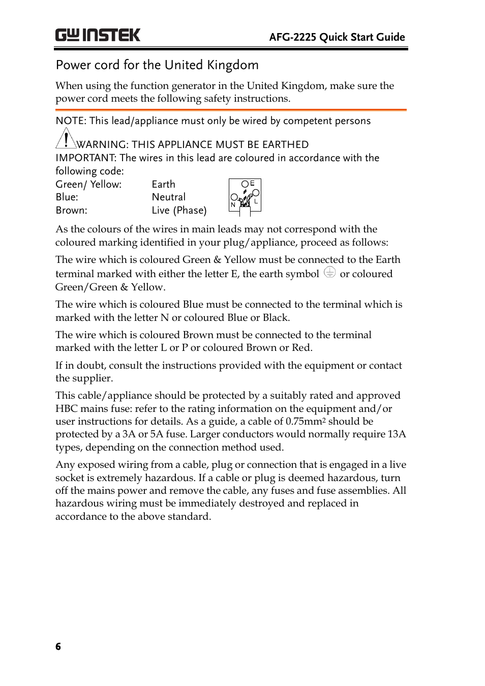 Power cord for the united kingdom, Warning: this appliance must be earthed | GW Instek AFG-2225 Quick Start Guide User Manual | Page 8 / 56