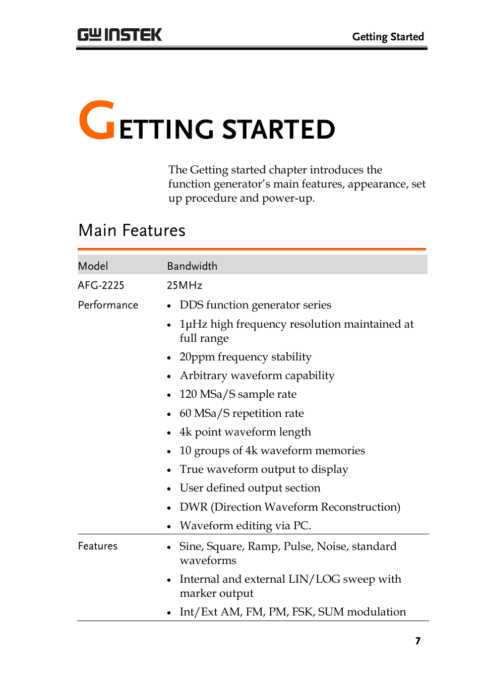 Getting started, Main features, Etting started | GW Instek AFG-2225 Quick Start Guide User Manual | Page 9 / 56