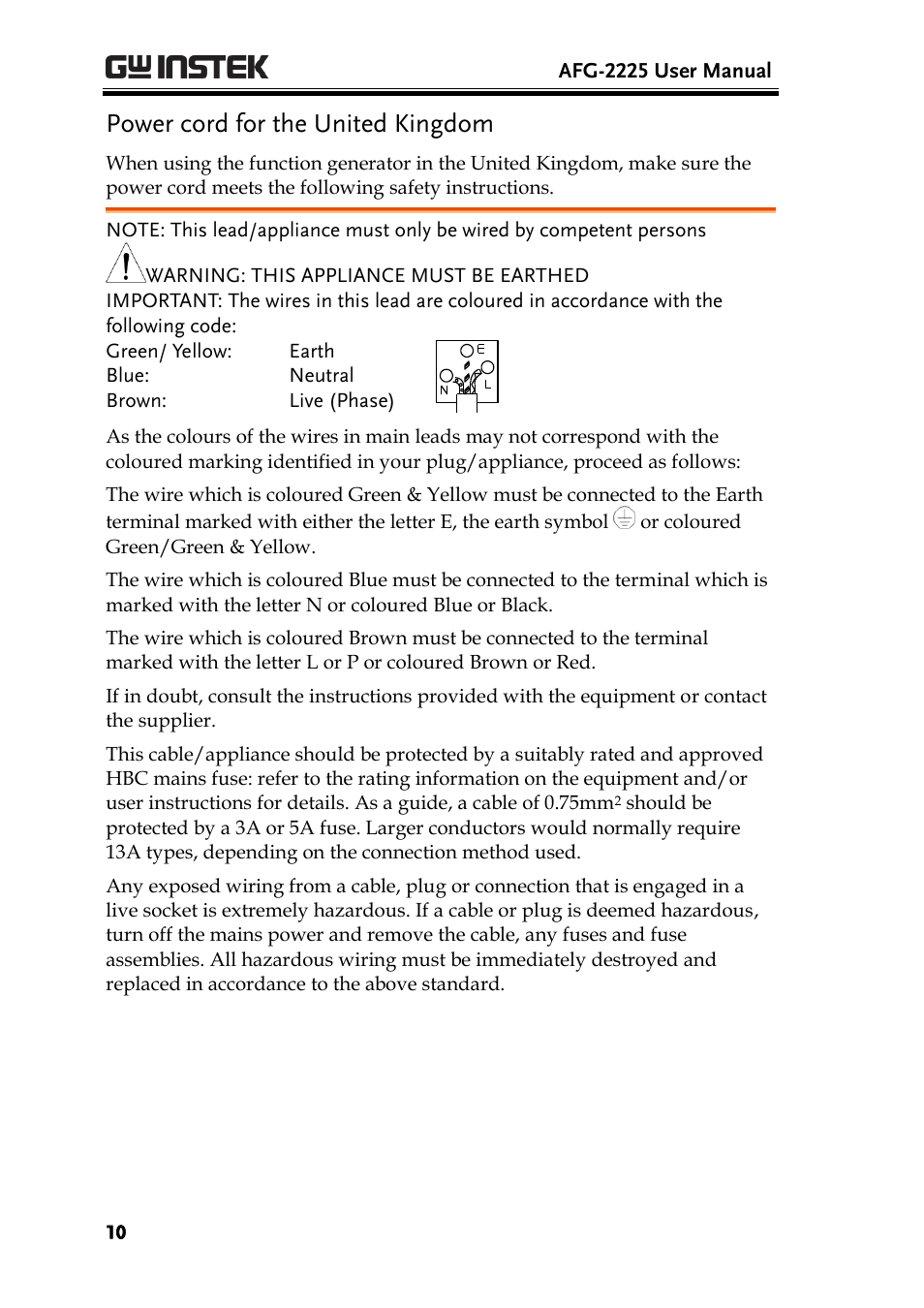 Power cord for the united kingdom, Warning: this appliance must be earthed | GW Instek AFG-2225 User Manual User Manual | Page 10 / 301