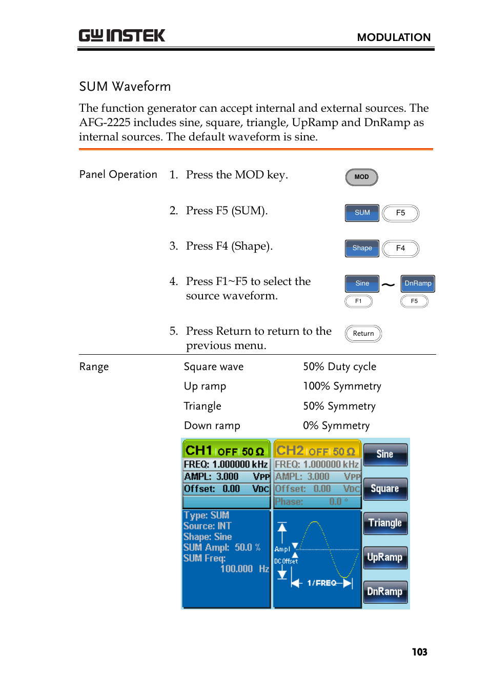 Sum waveform | GW Instek AFG-2225 User Manual User Manual | Page 103 / 301