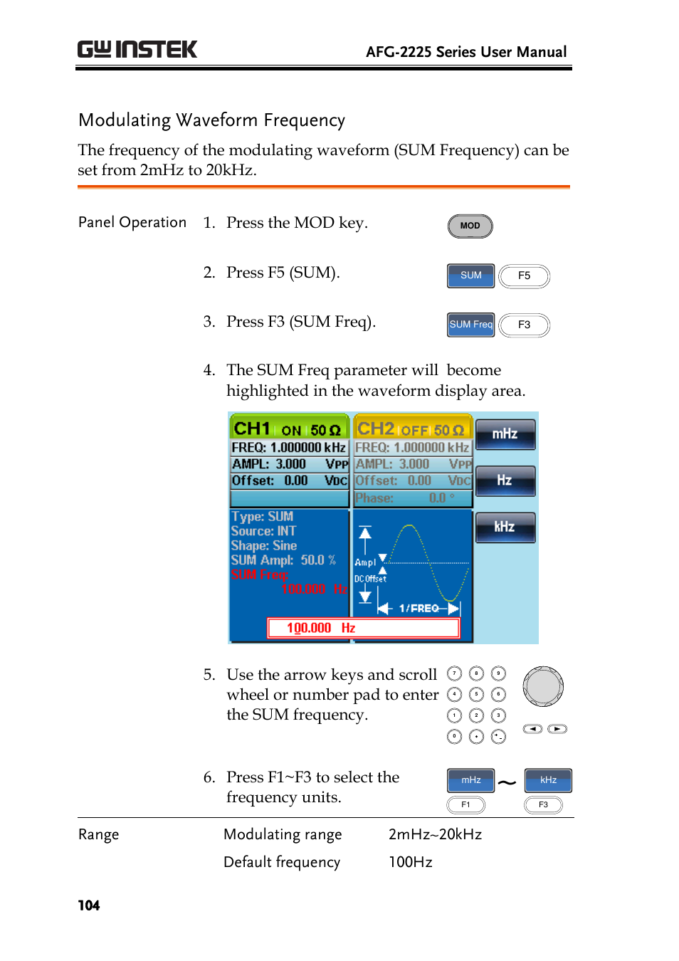 Modulating waveform frequency, Afg-2225 series user manual, Panel operation 1. press the mod key | Press f5 (sum), Press f3 (sum freq), Press f1~f3 to select the frequency units | GW Instek AFG-2225 User Manual User Manual | Page 104 / 301