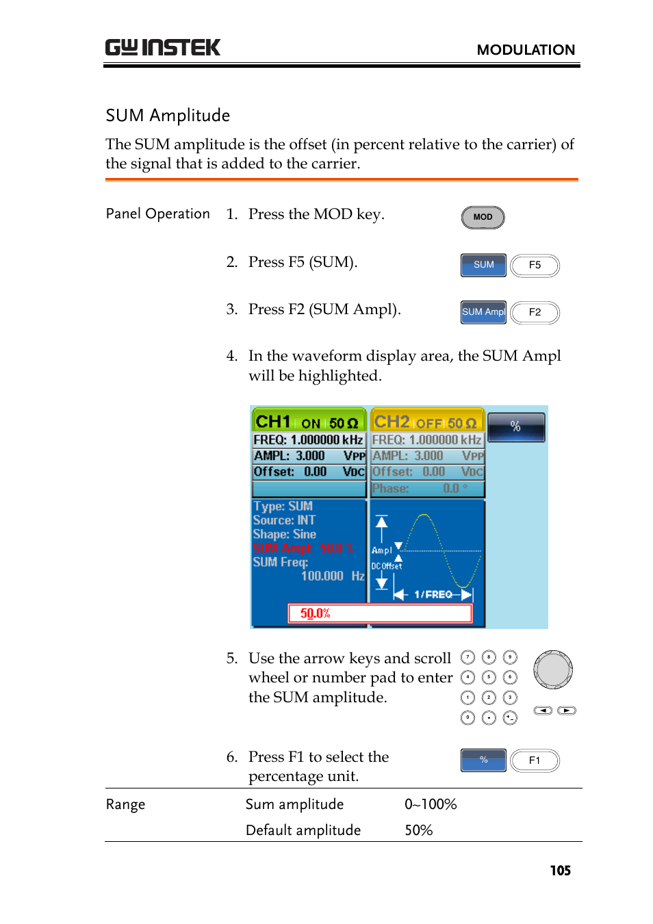 Sum amplitude, Modulation, Panel operation 1. press the mod key | Press f5 (sum), Press f2 (sum ampl), Press f1 to select the percentage unit | GW Instek AFG-2225 User Manual User Manual | Page 105 / 301