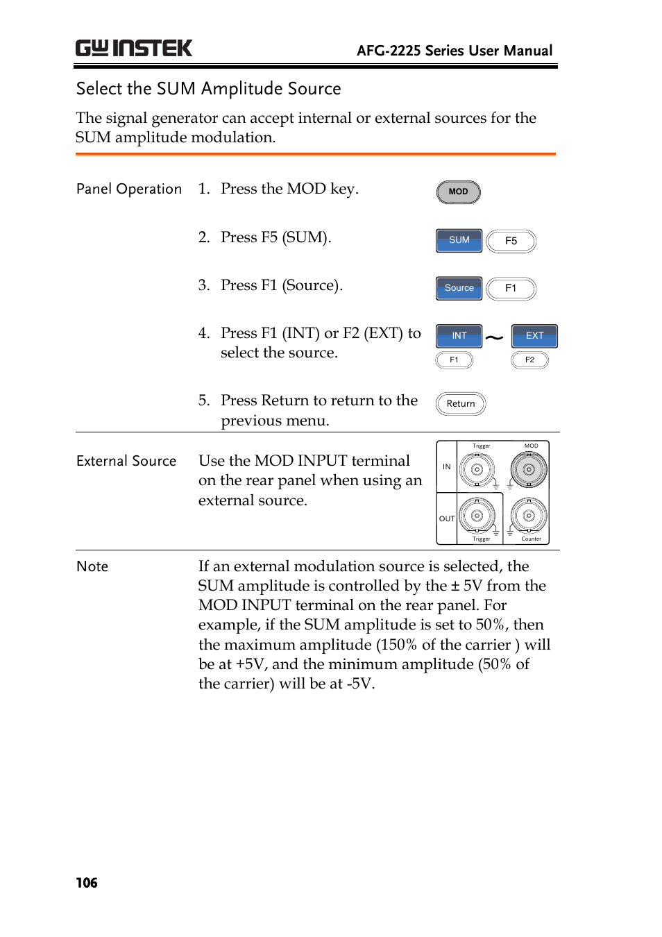 Select the sum amplitude source | GW Instek AFG-2225 User Manual User Manual | Page 106 / 301