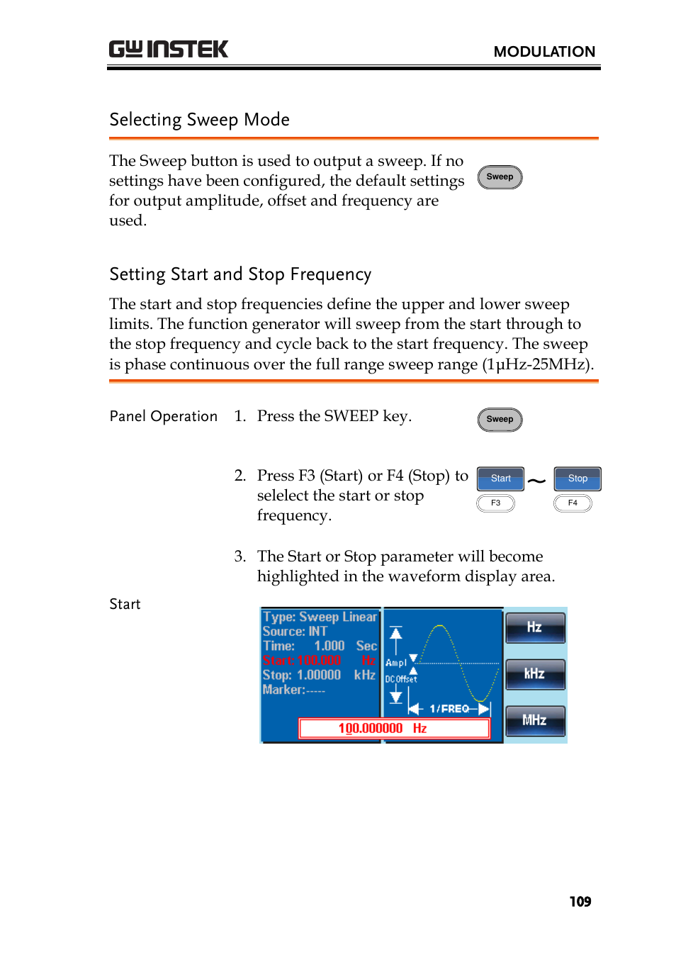 Selecting sweep mode, Setting start and stop frequency | GW Instek AFG-2225 User Manual User Manual | Page 109 / 301