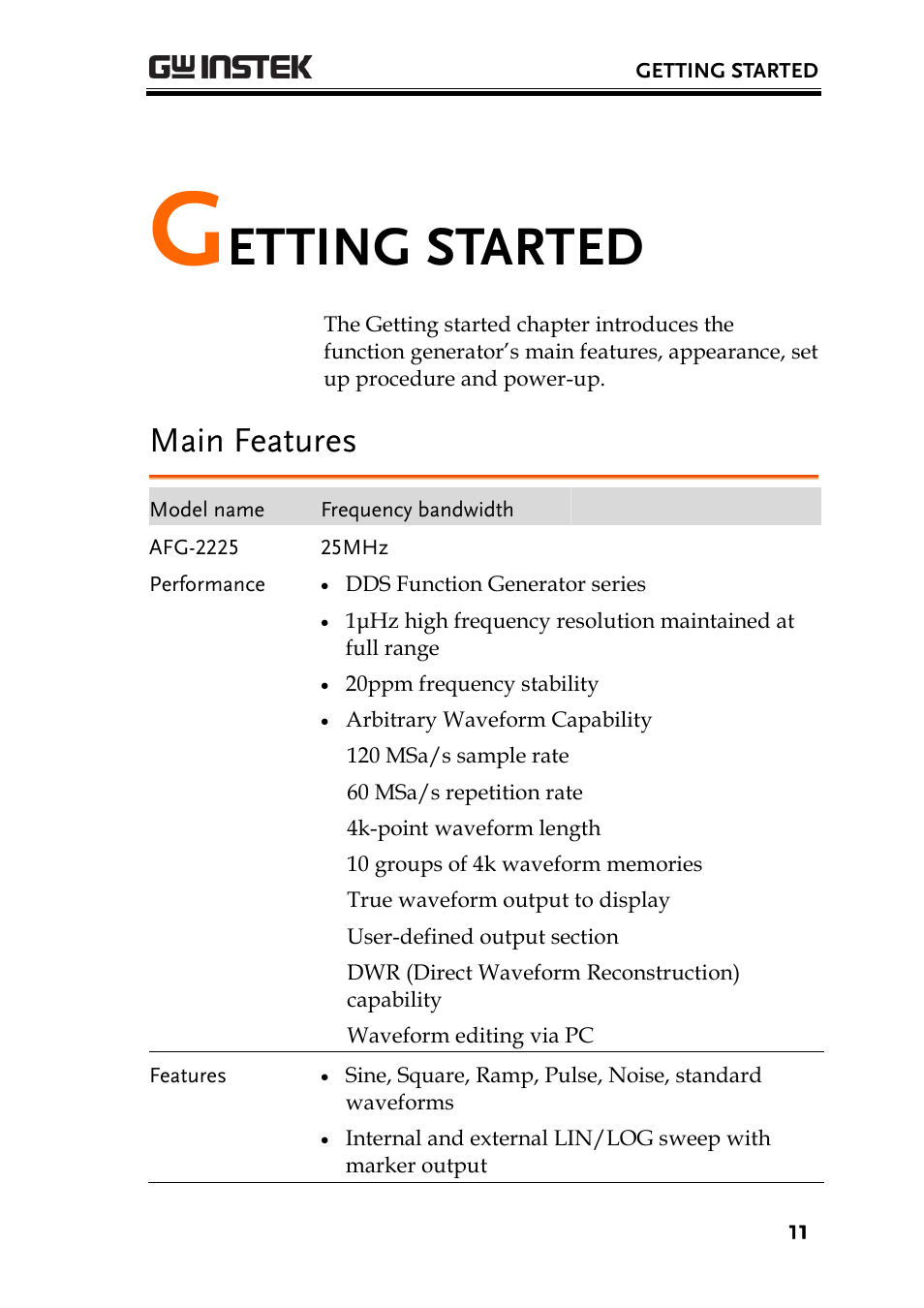 Getting started, Main features, Etting started | GW Instek AFG-2225 User Manual User Manual | Page 11 / 301