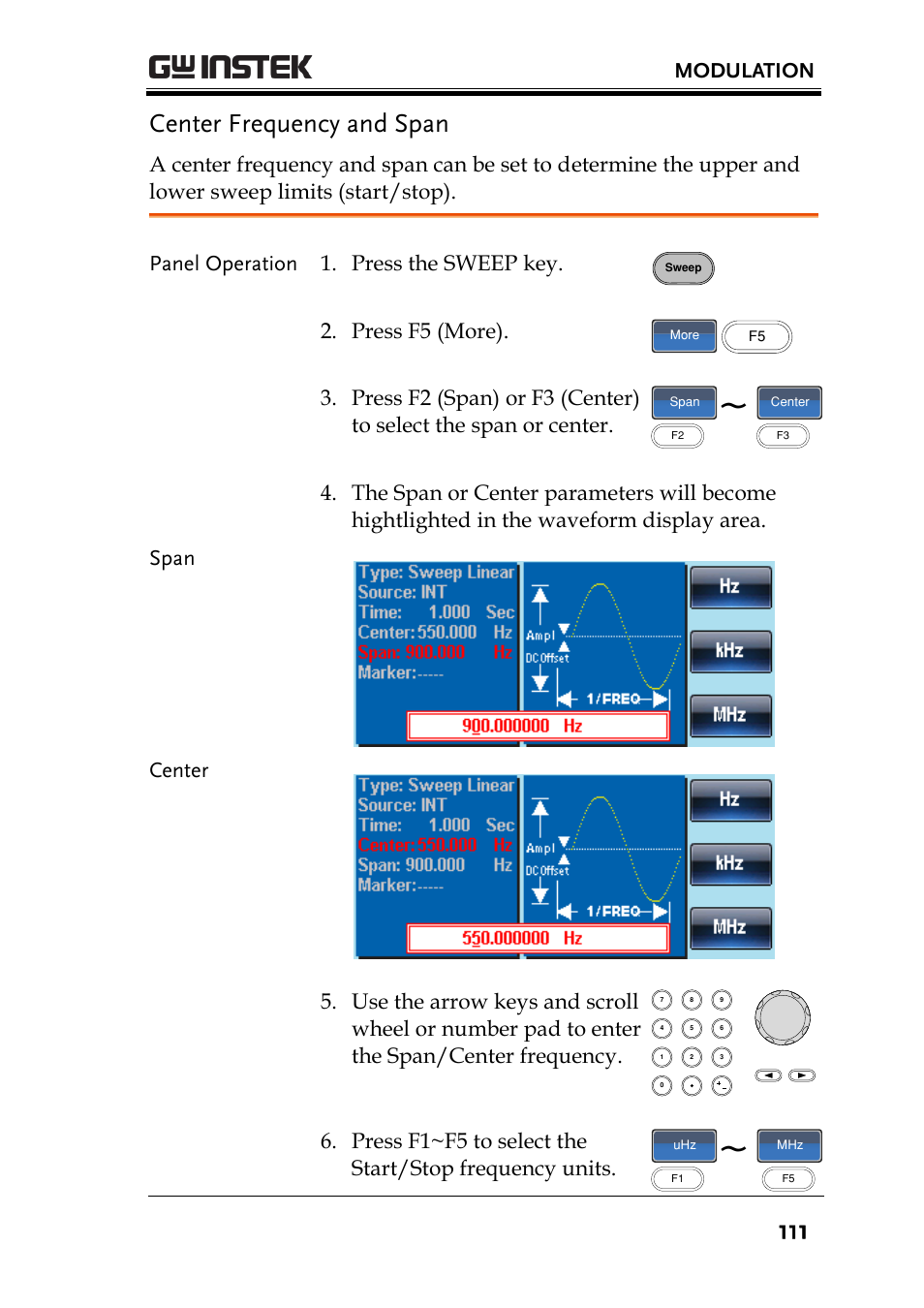 Center frequency and span, Modulation, Panel operation 1. press the sweep key | Press f5 (more) | GW Instek AFG-2225 User Manual User Manual | Page 111 / 301