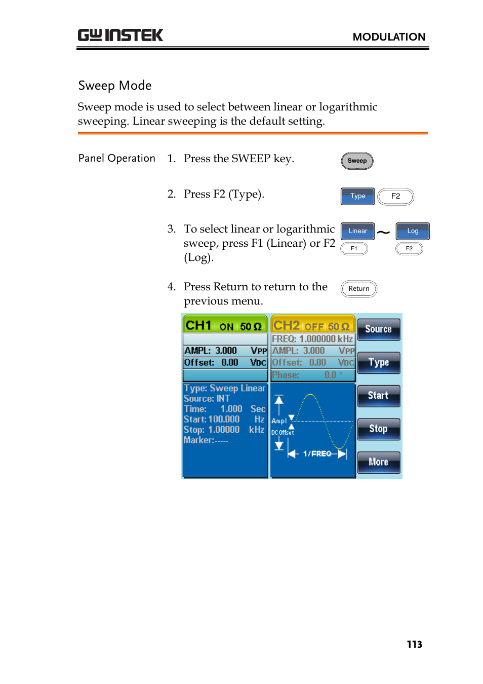Sweep mode | GW Instek AFG-2225 User Manual User Manual | Page 113 / 301