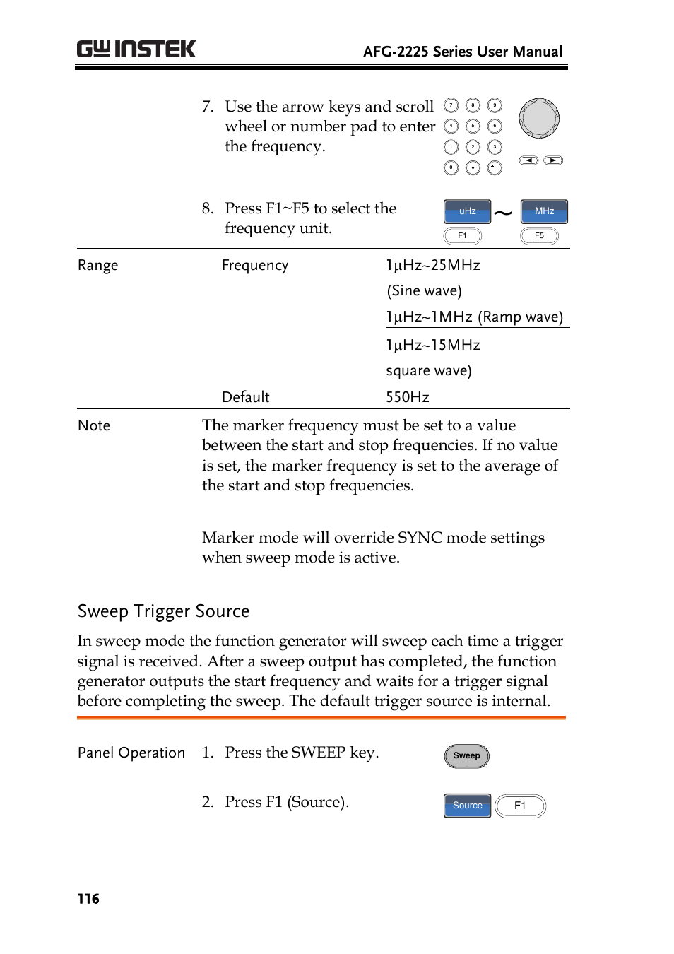 Sweep trigger source, Afg-2225 series user manual, Press f1~f5 to select the frequency unit | Panel operation 1. press the sweep key, Press f1 (source) | GW Instek AFG-2225 User Manual User Manual | Page 116 / 301