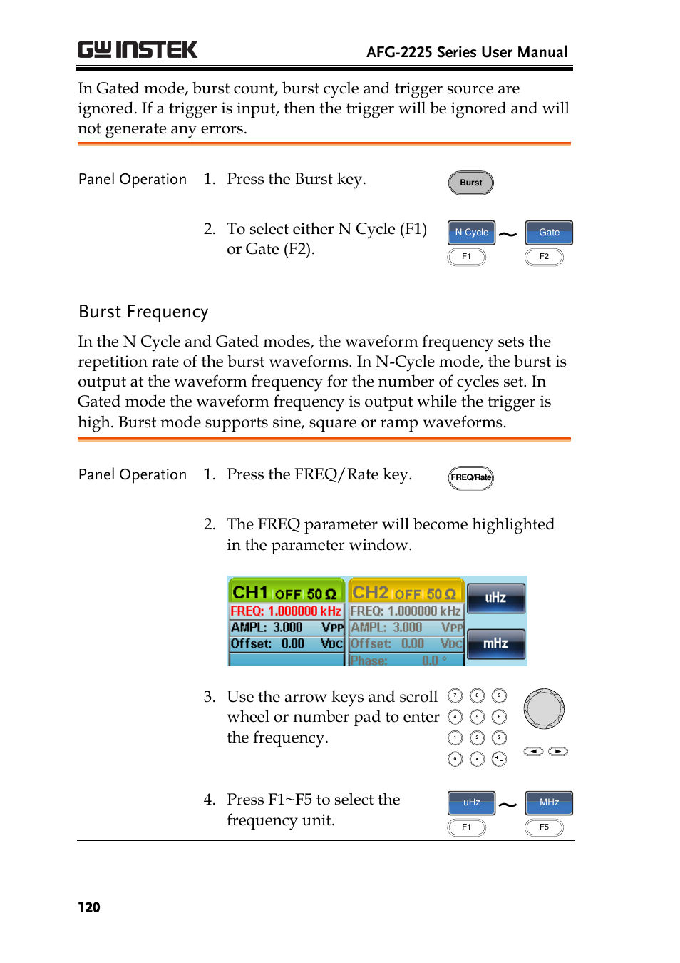 Burst frequency, Afg-2225 series user manual, Panel operation 1. press the burst key | Panel operation 1. press the freq/rate key, Press f1~f5 to select the frequency unit | GW Instek AFG-2225 User Manual User Manual | Page 120 / 301