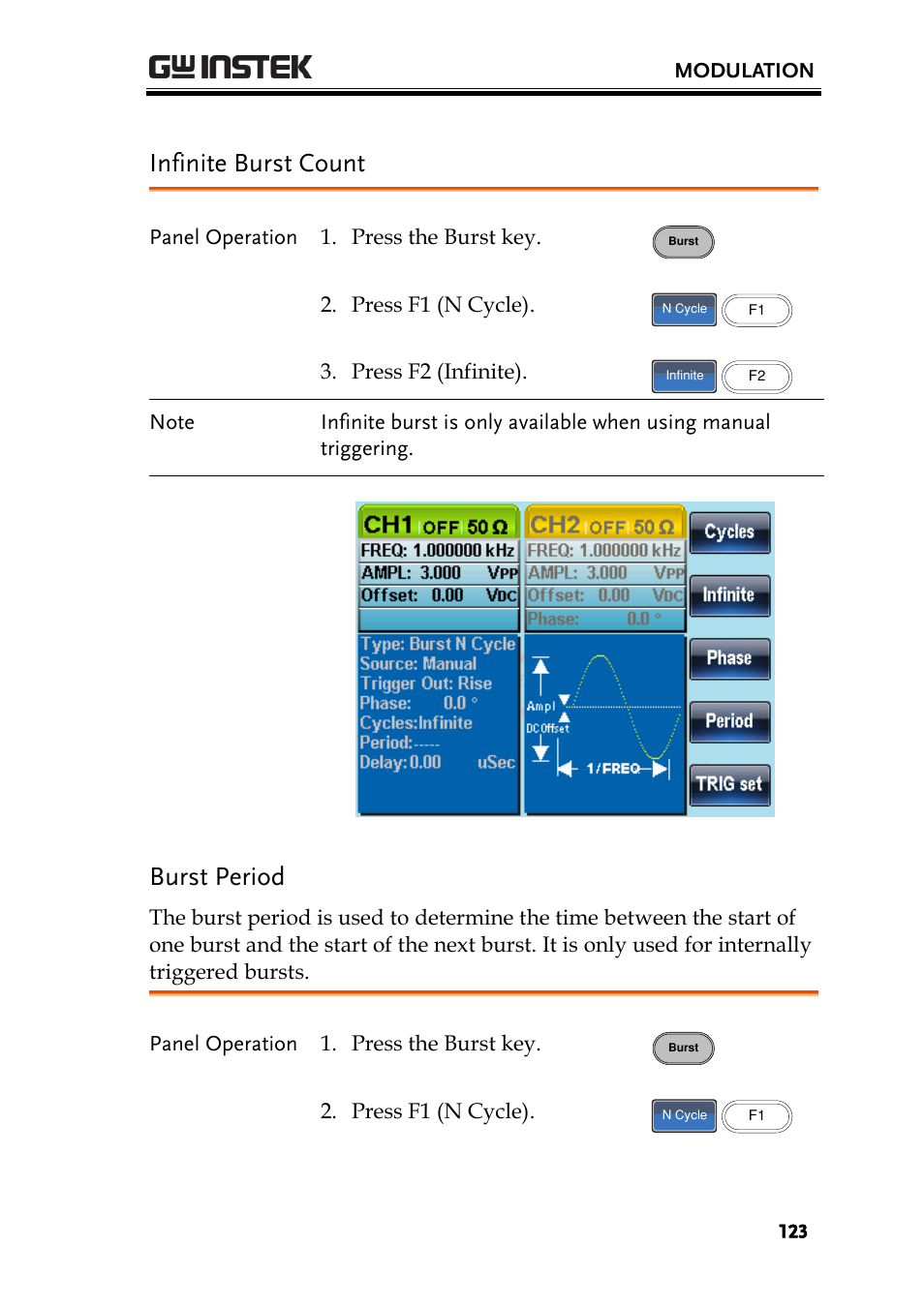 Infinite burst count, Burst period | GW Instek AFG-2225 User Manual User Manual | Page 123 / 301