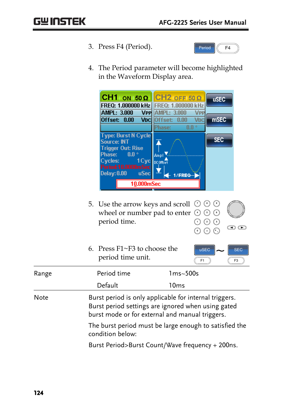 Afg-2225 series user manual, Press f4 (period), Press f1~f3 to choose the period time unit | GW Instek AFG-2225 User Manual User Manual | Page 124 / 301