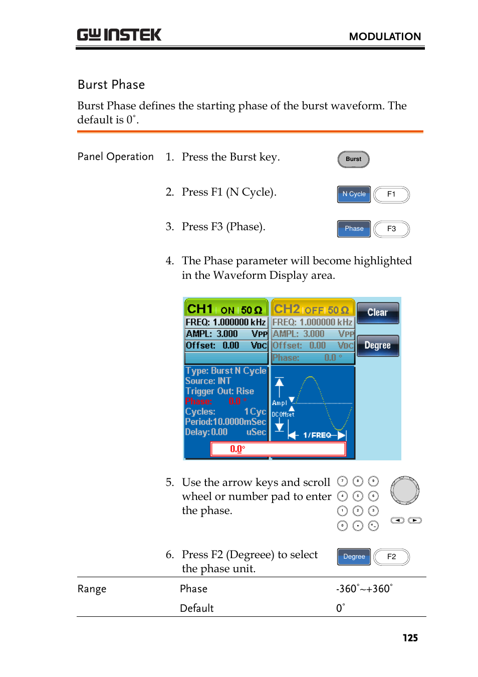 Burst phase, Modulation, Panel operation 1. press the burst key | Press f1 (n cycle), Press f3 (phase), Press f2 (degreee) to select the phase unit | GW Instek AFG-2225 User Manual User Manual | Page 125 / 301
