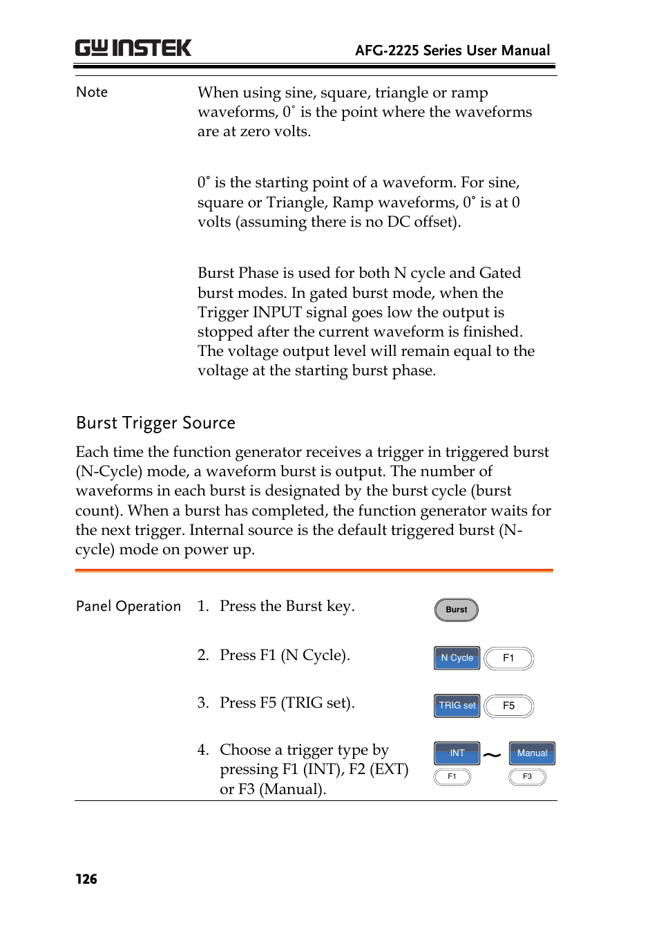 Burst trigger source | GW Instek AFG-2225 User Manual User Manual | Page 126 / 301