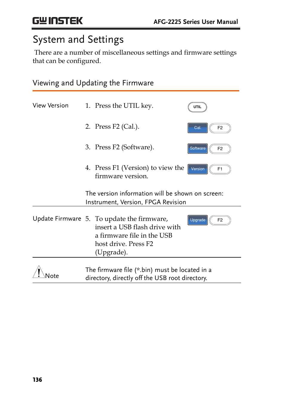 Viewing and updating the firmware, System and settings | GW Instek AFG-2225 User Manual User Manual | Page 136 / 301