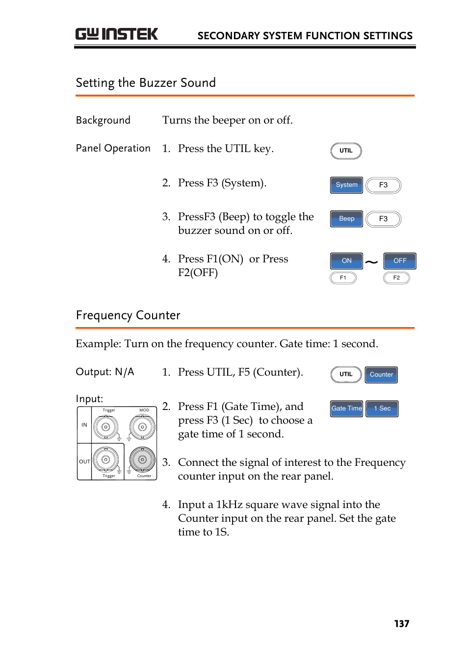 Setting the buzzer sound, Frequency counter | GW Instek AFG-2225 User Manual User Manual | Page 137 / 301