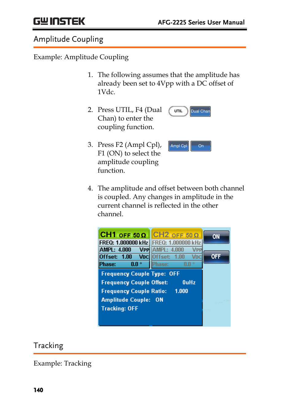 Amplitude coupling, Tracking | GW Instek AFG-2225 User Manual User Manual | Page 140 / 301