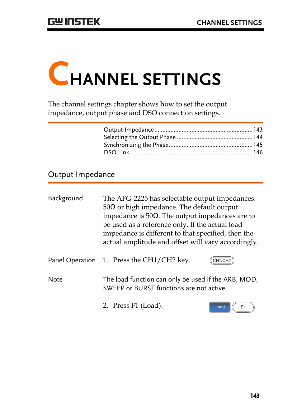 Channel settings, Output impedance, Hannel settings | GW Instek AFG-2225 User Manual User Manual | Page 143 / 301