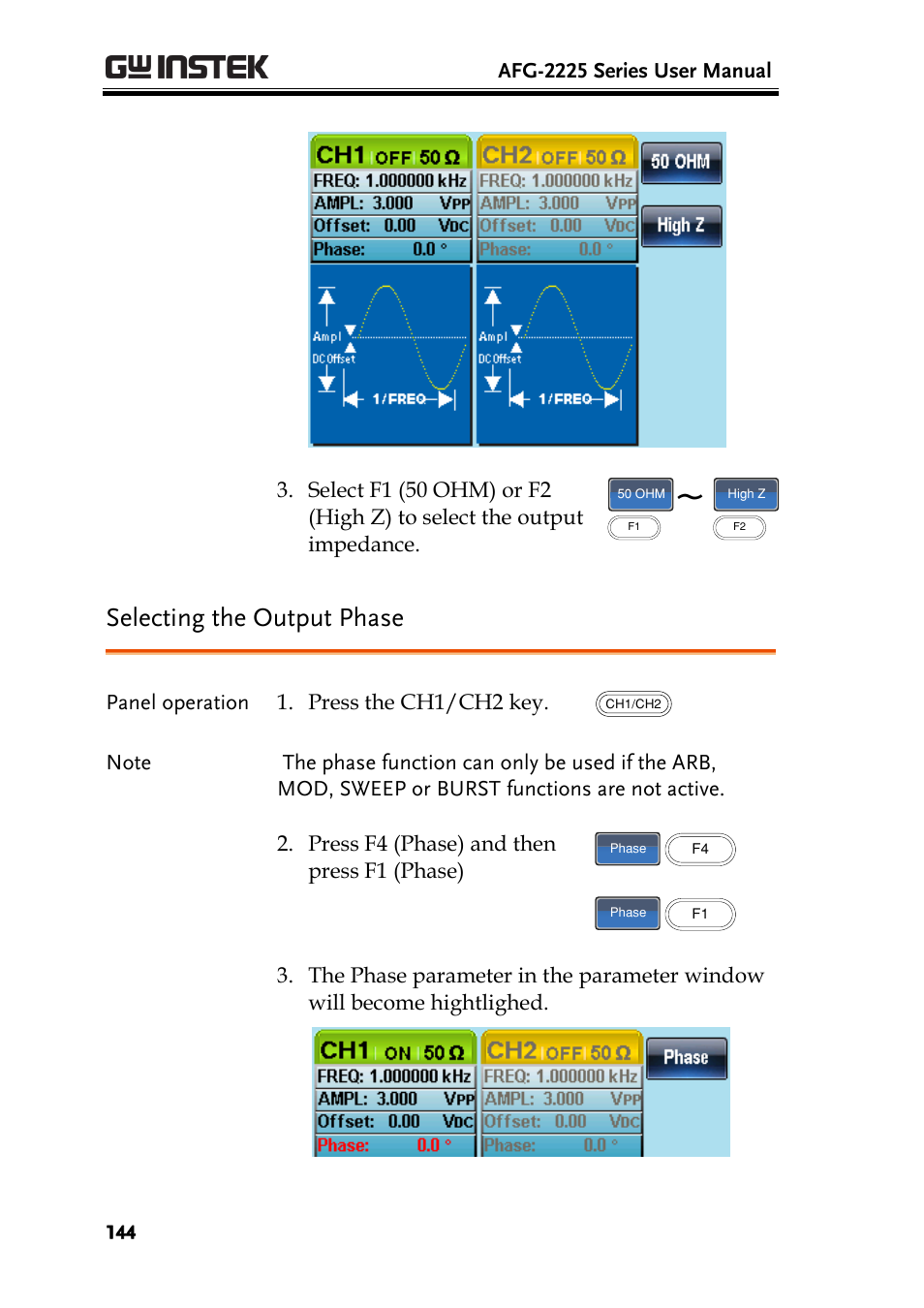 Selecting the output phase | GW Instek AFG-2225 User Manual User Manual | Page 144 / 301