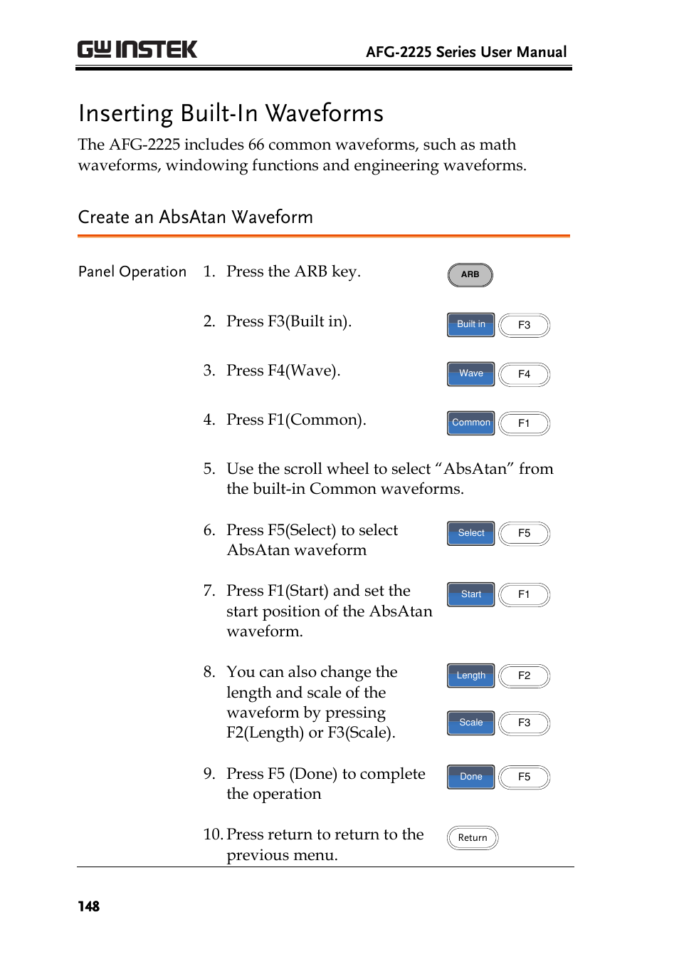 Inserting built-in waveforms, Create an absatan waveform | GW Instek AFG-2225 User Manual User Manual | Page 148 / 301