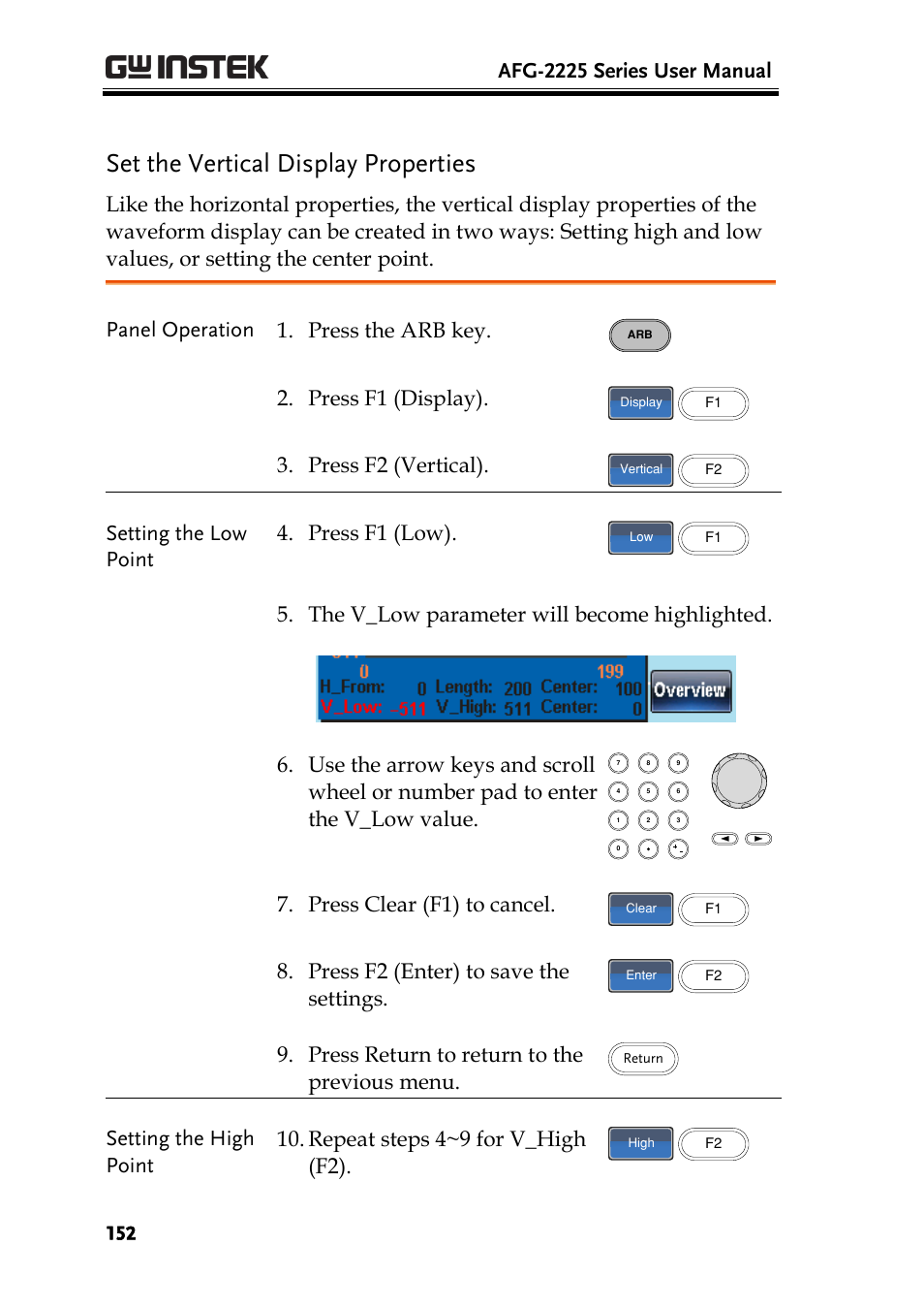 Set the vertical display properties, Afg-2225 series user manual, Panel operation 1. press the arb key | Press f1 (display), Press f2 (vertical), Setting the low point 4. press f1 (low), Press clear (f1) to cancel, Press f2 (enter) to save the settings, Press return to return to the previous menu | GW Instek AFG-2225 User Manual User Manual | Page 152 / 301