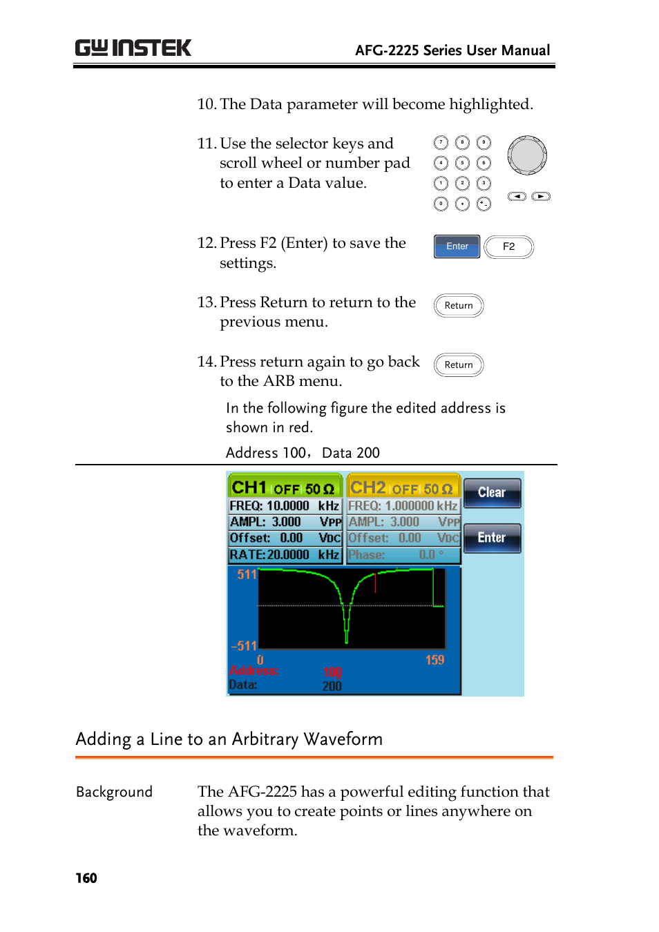 Adding a line to an arbitrary waveform, Afg-2225 series user manual, Press f2 (enter) to save the settings | Press return to return to the previous menu, Press return again to go back to the arb menu | GW Instek AFG-2225 User Manual User Manual | Page 160 / 301