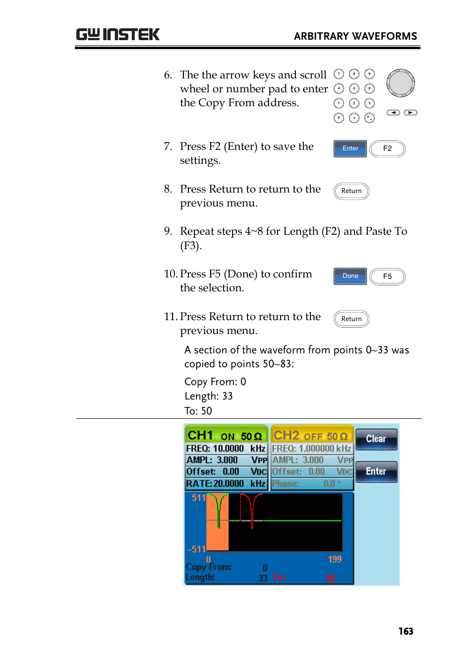 Arbitrary waveforms, Press f2 (enter) to save the settings, Press return to return to the previous menu | GW Instek AFG-2225 User Manual User Manual | Page 163 / 301