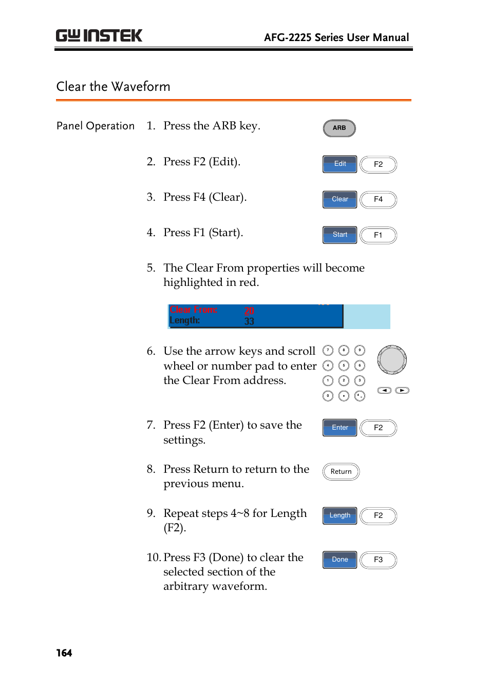 Clear the waveform, Afg-2225 series user manual, Panel operation 1. press the arb key | Press f2 (edit), Press f4 (clear), Press f1 (start), Press f2 (enter) to save the settings, Press return to return to the previous menu, Repeat steps 4~8 for length (f2) | GW Instek AFG-2225 User Manual User Manual | Page 164 / 301