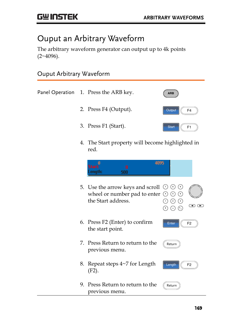 Ouput an arbitrary waveform, Ouput arbitrary waveform, Arbitrary waveforms | Panel operation 1. press the arb key, Press f4 (output), Press f1 (start), Press f2 (enter) to confirm the start point, Press return to return to the previous menu, Repeat steps 4~7 for length (f2) | GW Instek AFG-2225 User Manual User Manual | Page 169 / 301