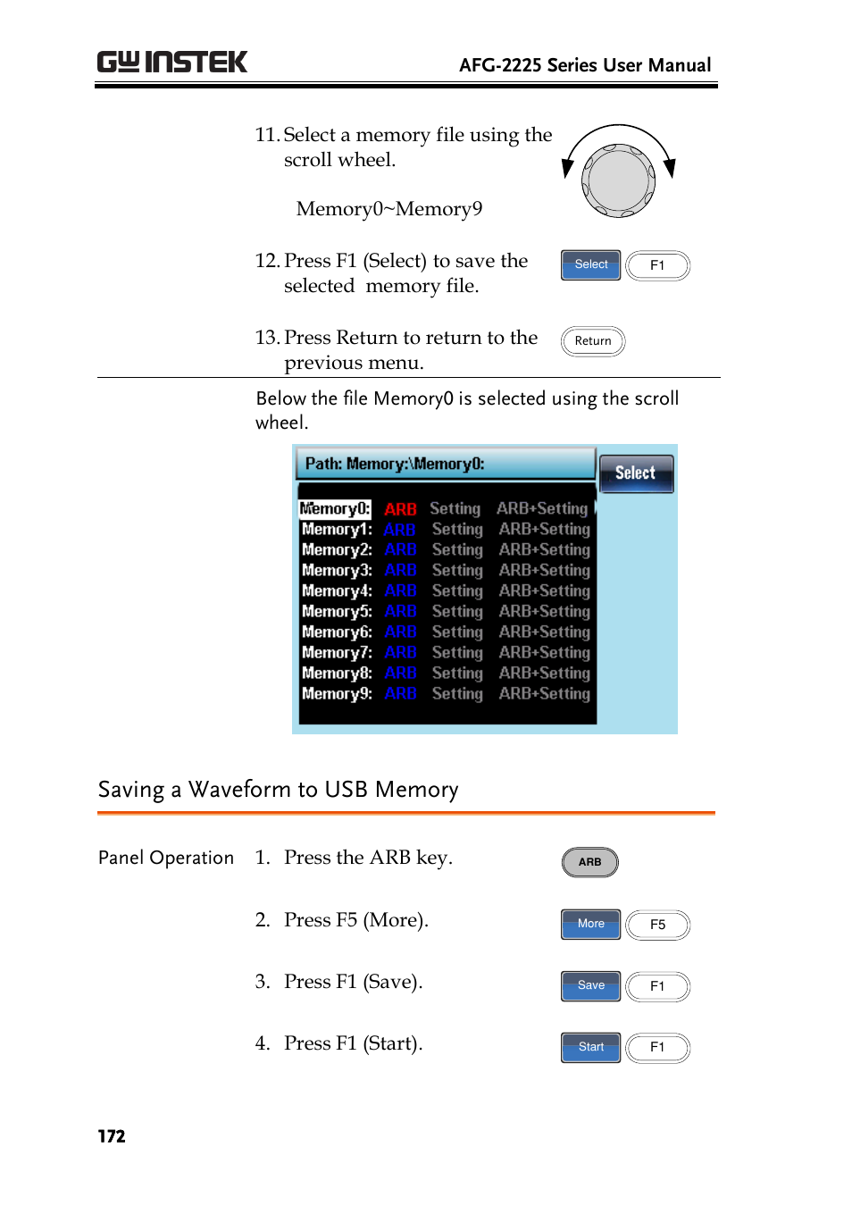 Saving a waveform to usb memory | GW Instek AFG-2225 User Manual User Manual | Page 172 / 301