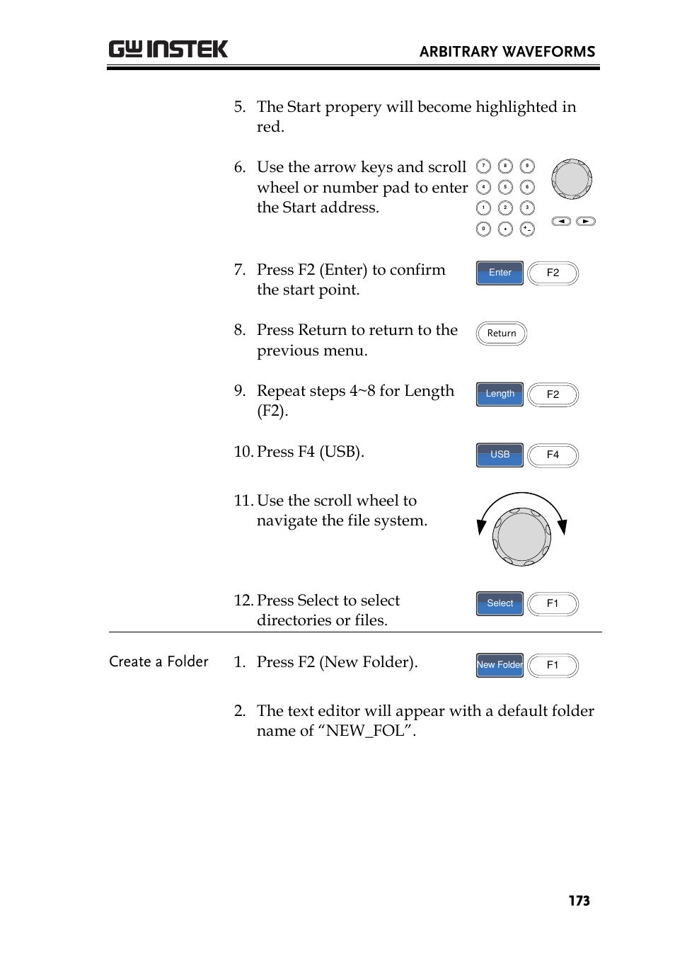 Arbitrary waveforms, Press f2 (enter) to confirm the start point, Press return to return to the previous menu | Repeat steps 4~8 for length (f2), Press f4 (usb), Create a folder 1. press f2 (new folder) | GW Instek AFG-2225 User Manual User Manual | Page 173 / 301