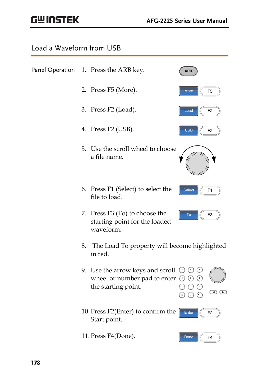 Load a waveform from usb, Afg-2225 series user manual, Panel operation 1. press the arb key | Press f5 (more), Press f2 (load), Press f2 (usb), Press f2(enter) to confirm the start point, Press f4(done) | GW Instek AFG-2225 User Manual User Manual | Page 178 / 301