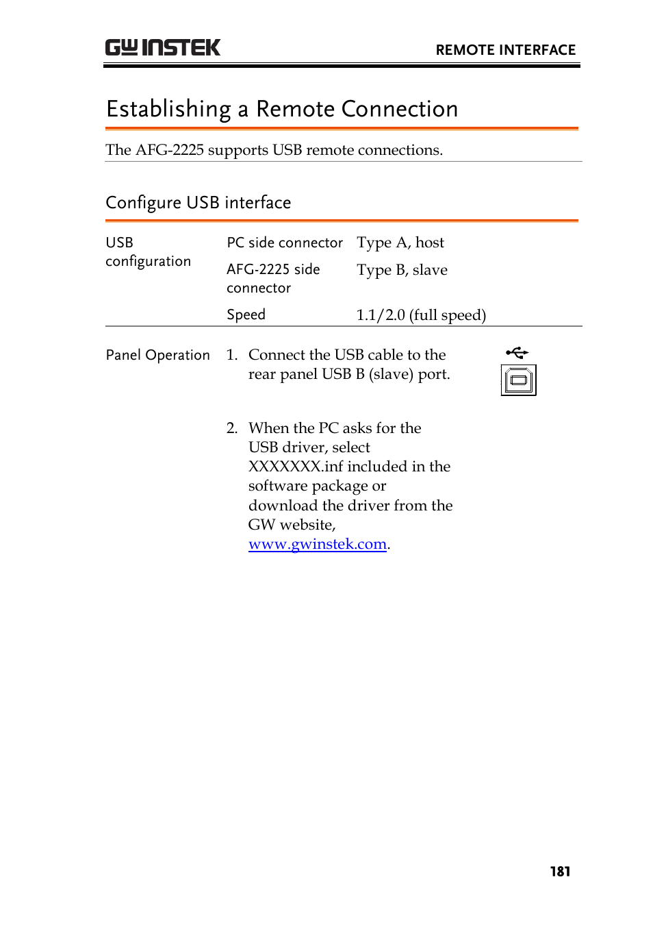 Establishing a remote connection, Configure usb interface | GW Instek AFG-2225 User Manual User Manual | Page 181 / 301