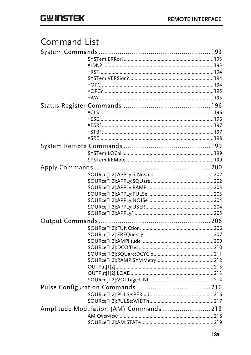 Command list | GW Instek AFG-2225 User Manual User Manual | Page 189 / 301