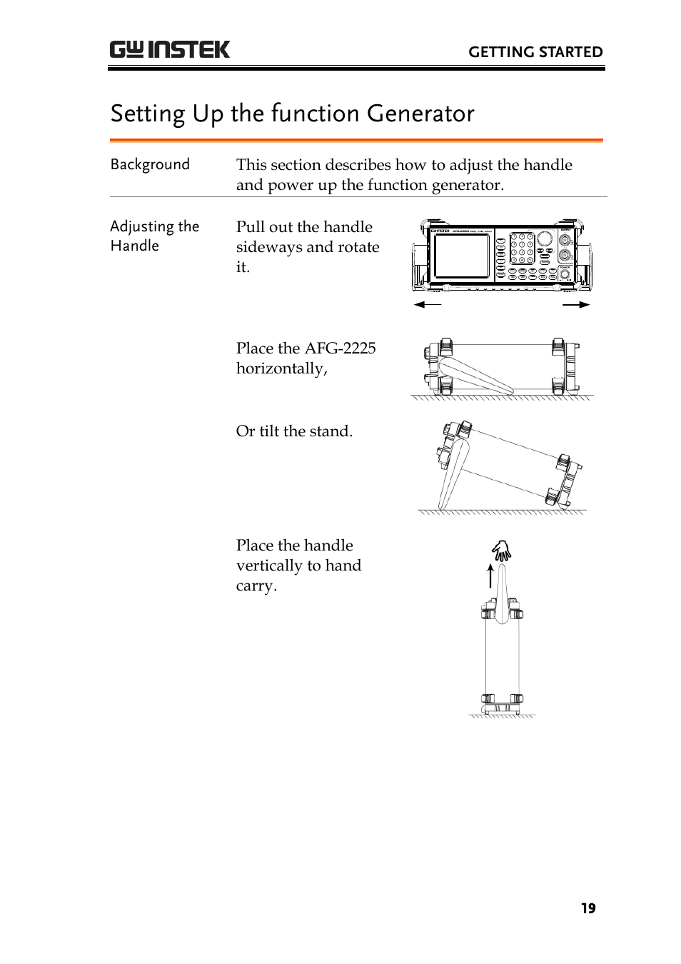 Setting up the function generator, Getting started | GW Instek AFG-2225 User Manual User Manual | Page 19 / 301