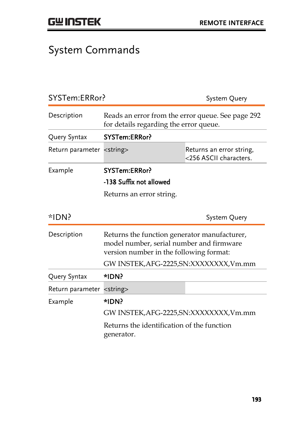 System commands, System:error | GW Instek AFG-2225 User Manual User Manual | Page 193 / 301