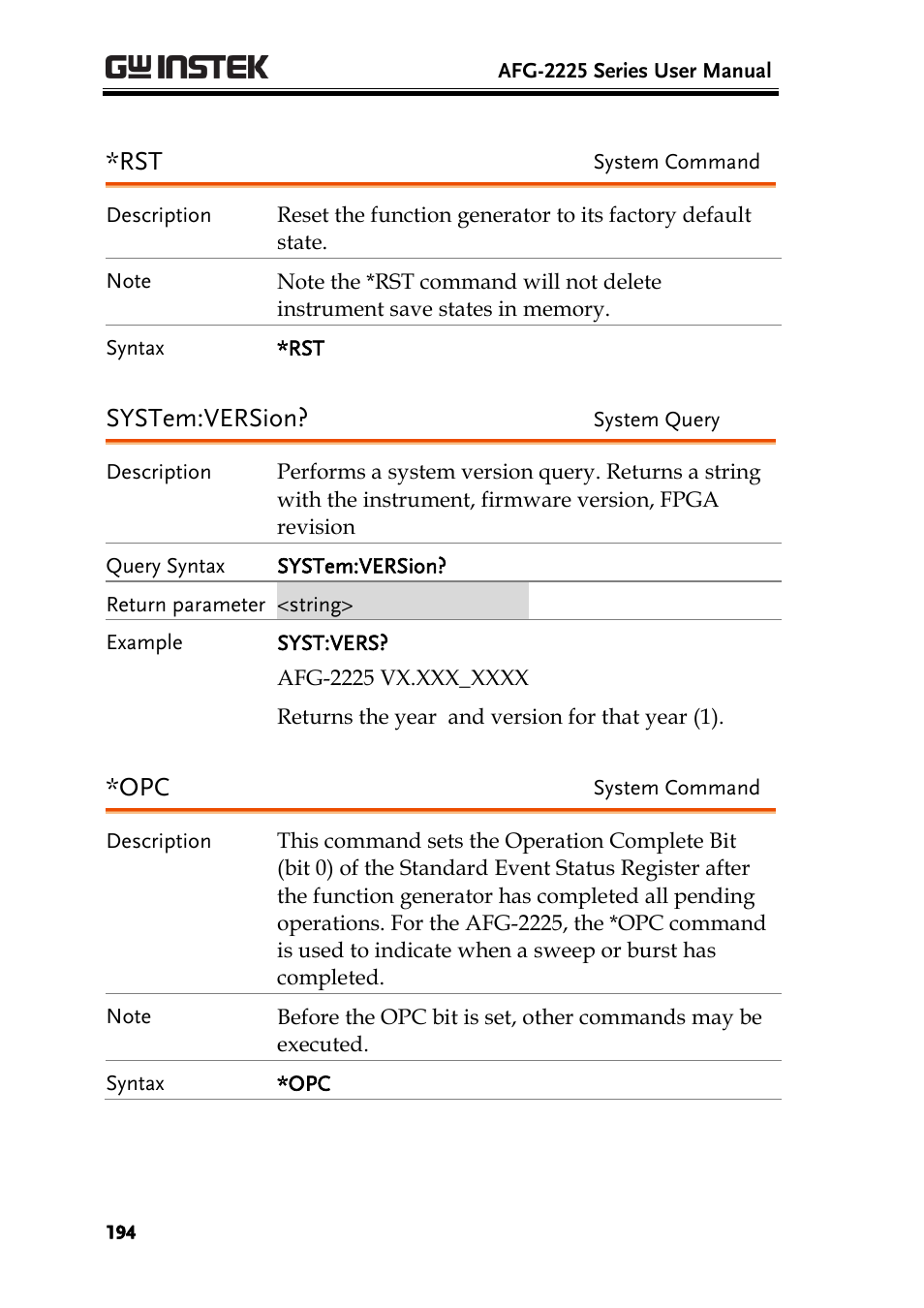 System:version | GW Instek AFG-2225 User Manual User Manual | Page 194 / 301