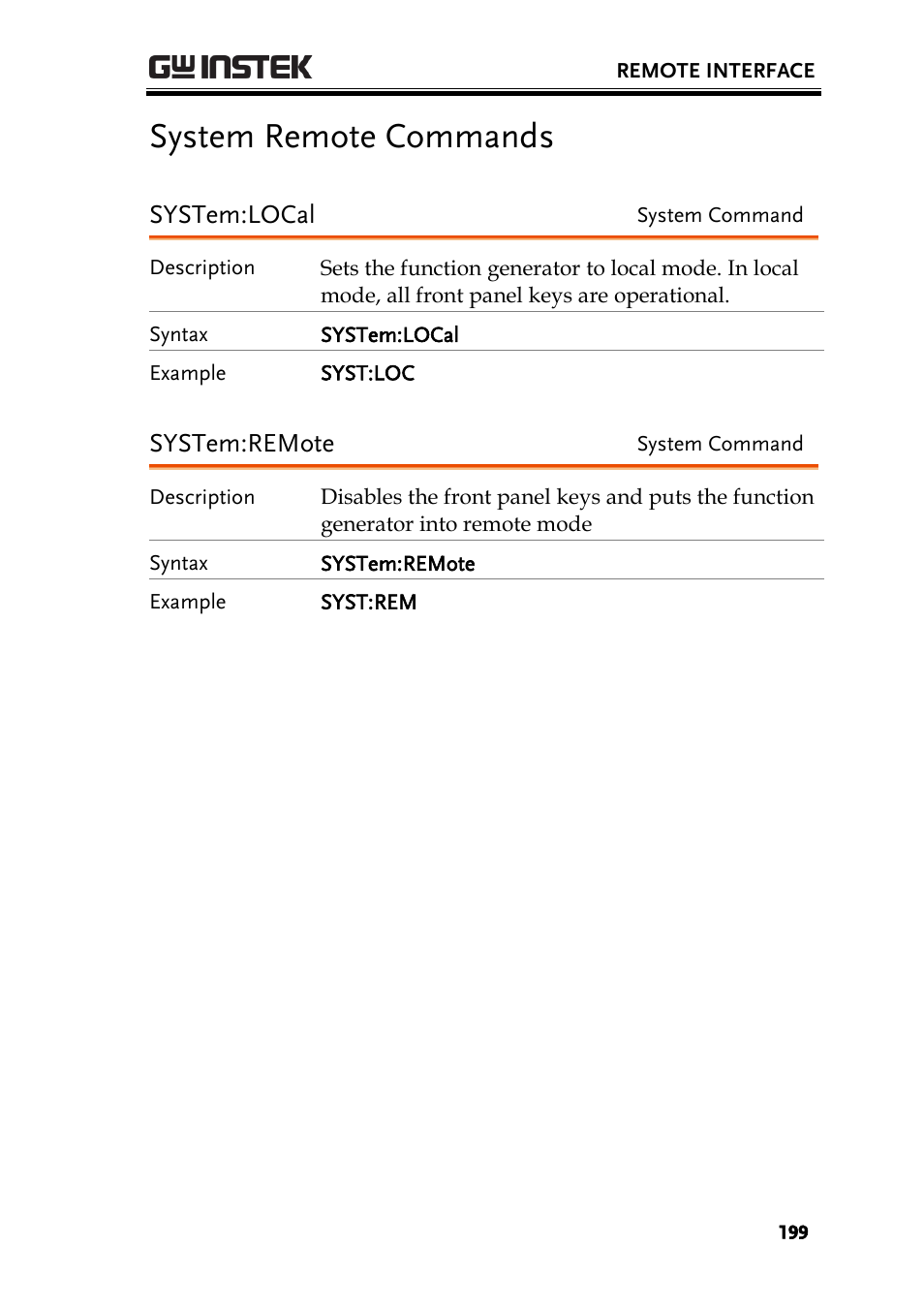 System remote commands, System:local, System:remote | GW Instek AFG-2225 User Manual User Manual | Page 199 / 301